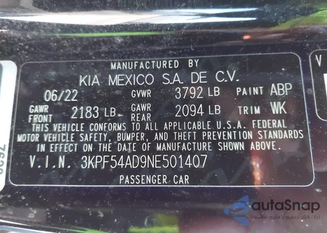 2022 Kia Forte Gt-Line из США, поврежденный, VIN 3KPF54AD9NE501407